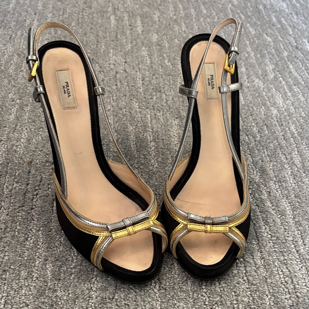 Prada Women's Black and Silver Heels with Gold Accents